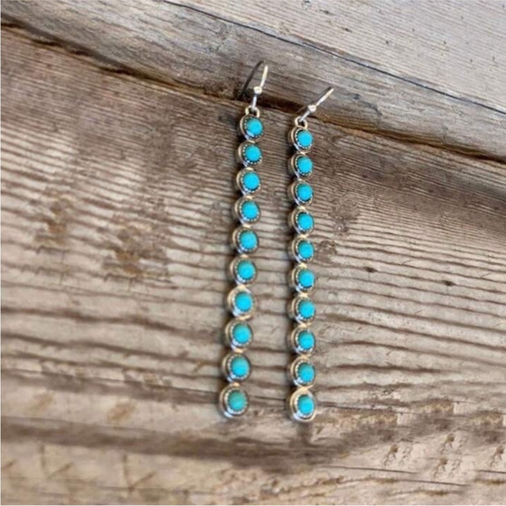 Turquoise Colored Geometric Drop Dangle Earrings. Boho vintage hippie vibes - Picture 2 of 2